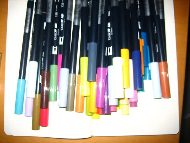 In this image I can see a white colour thing and on it I can see number of sketch pens.