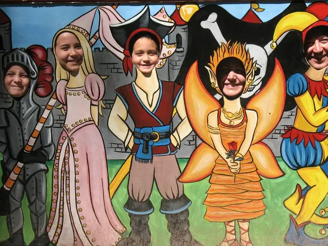 There is a big poster of different animated images and their heads are cut and few people are...