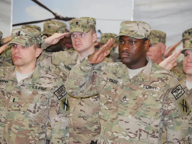 In this picture I can see a group of army men are saluting, they are wearing army dresses and caps.